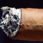 Close up of a lit cigar with ash